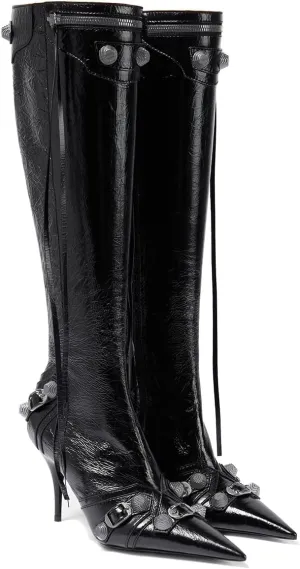 Women's Knee High Boots Pointed Toe Tassel Black Leather Boots Stilettos High Heel Boots Fashion Trendy Shark Boots Side Zipper