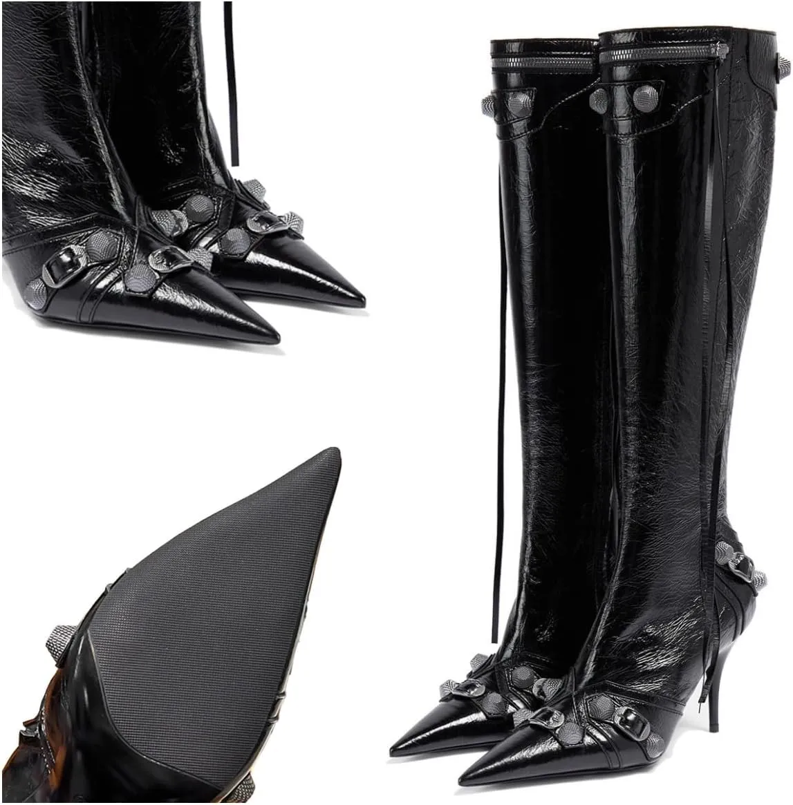 Women's Knee High Boots Pointed Toe Tassel Black Leather Boots Stilettos High Heel Boots Fashion Trendy Shark Boots Side Zipper