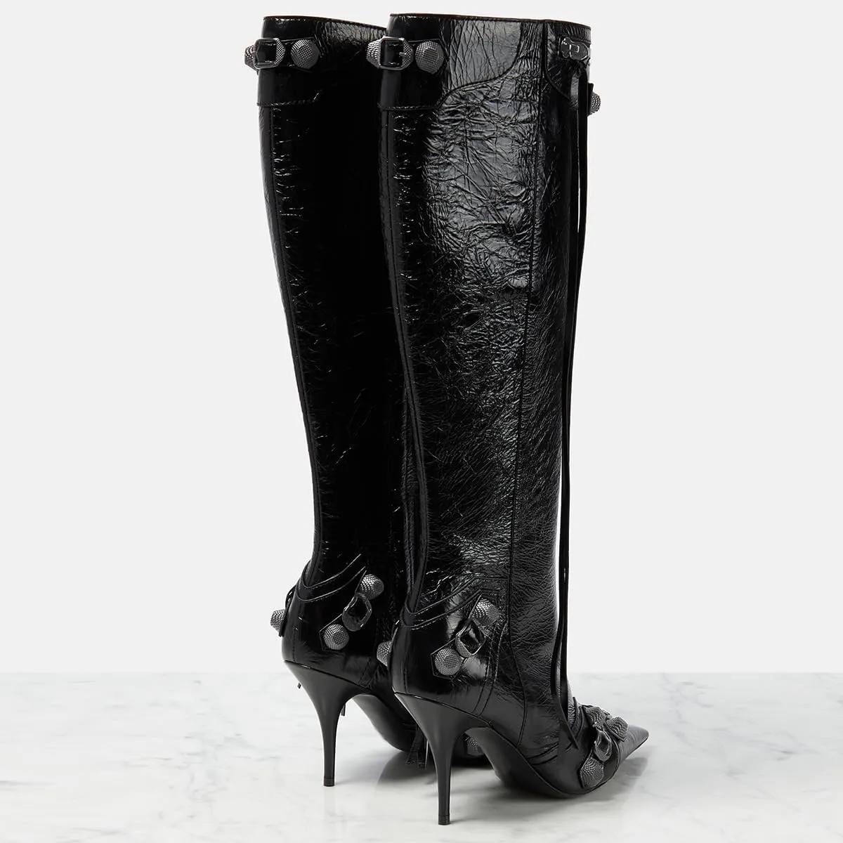 Women's Knee High Boots Pointed Toe Tassel Black Leather Boots Stilettos High Heel Boots Fashion Trendy Shark Boots Side Zipper
