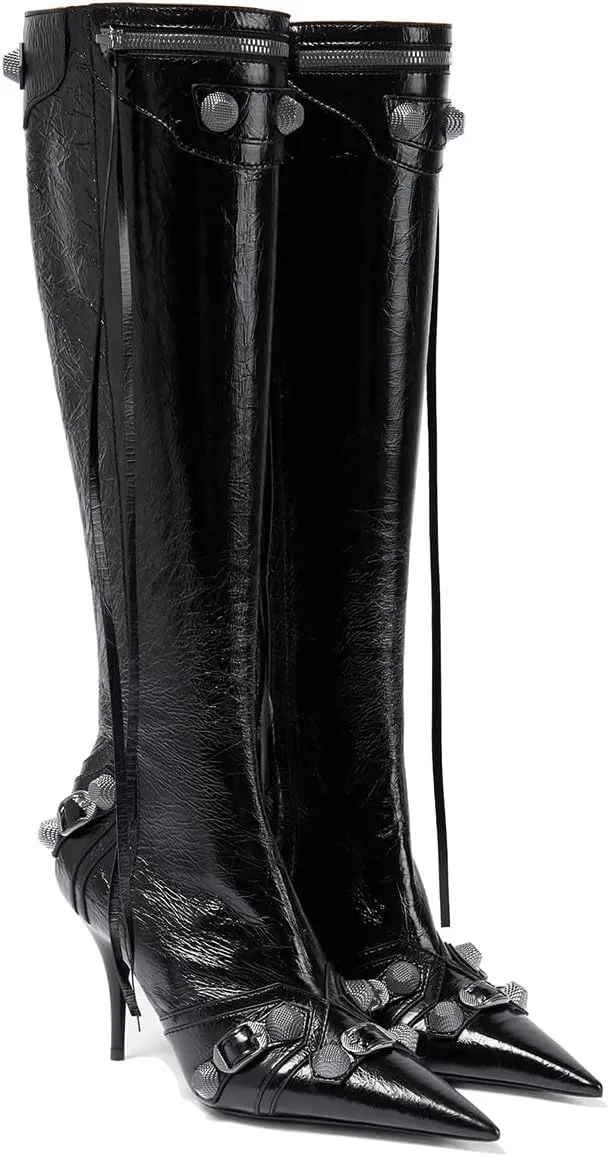 Women's Knee High Boots Pointed Toe Tassel Black Leather Boots Stilettos High Heel Boots Fashion Trendy Shark Boots Side Zipper