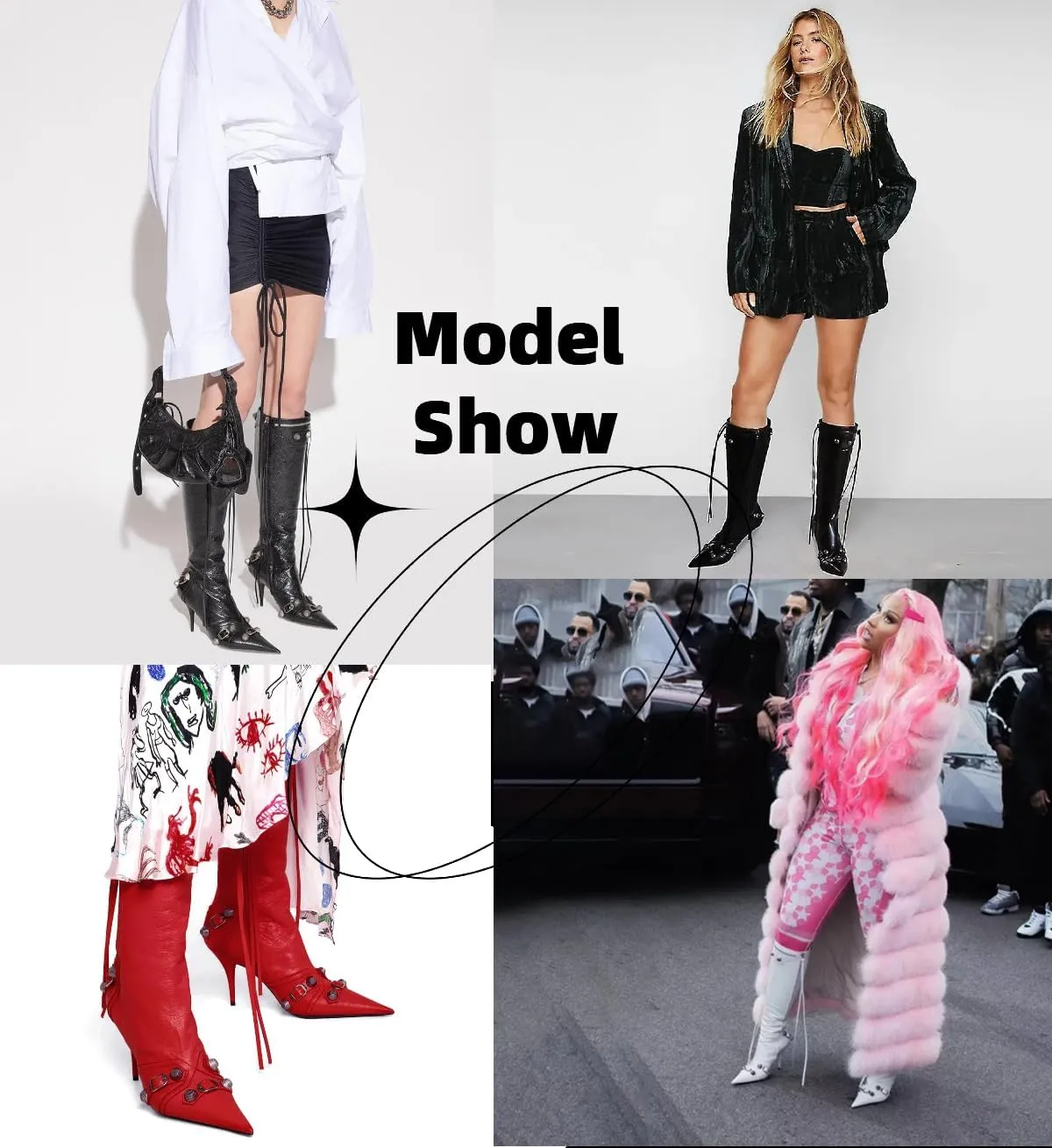 Women's Knee High Boots Pointed Toe Tassel Black Leather Boots Stilettos High Heel Boots Fashion Trendy Shark Boots Side Zipper