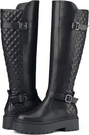 Women's Knee High Riding Boots with Side Zipper - Chunky Platform Motorcycle Boots for Women