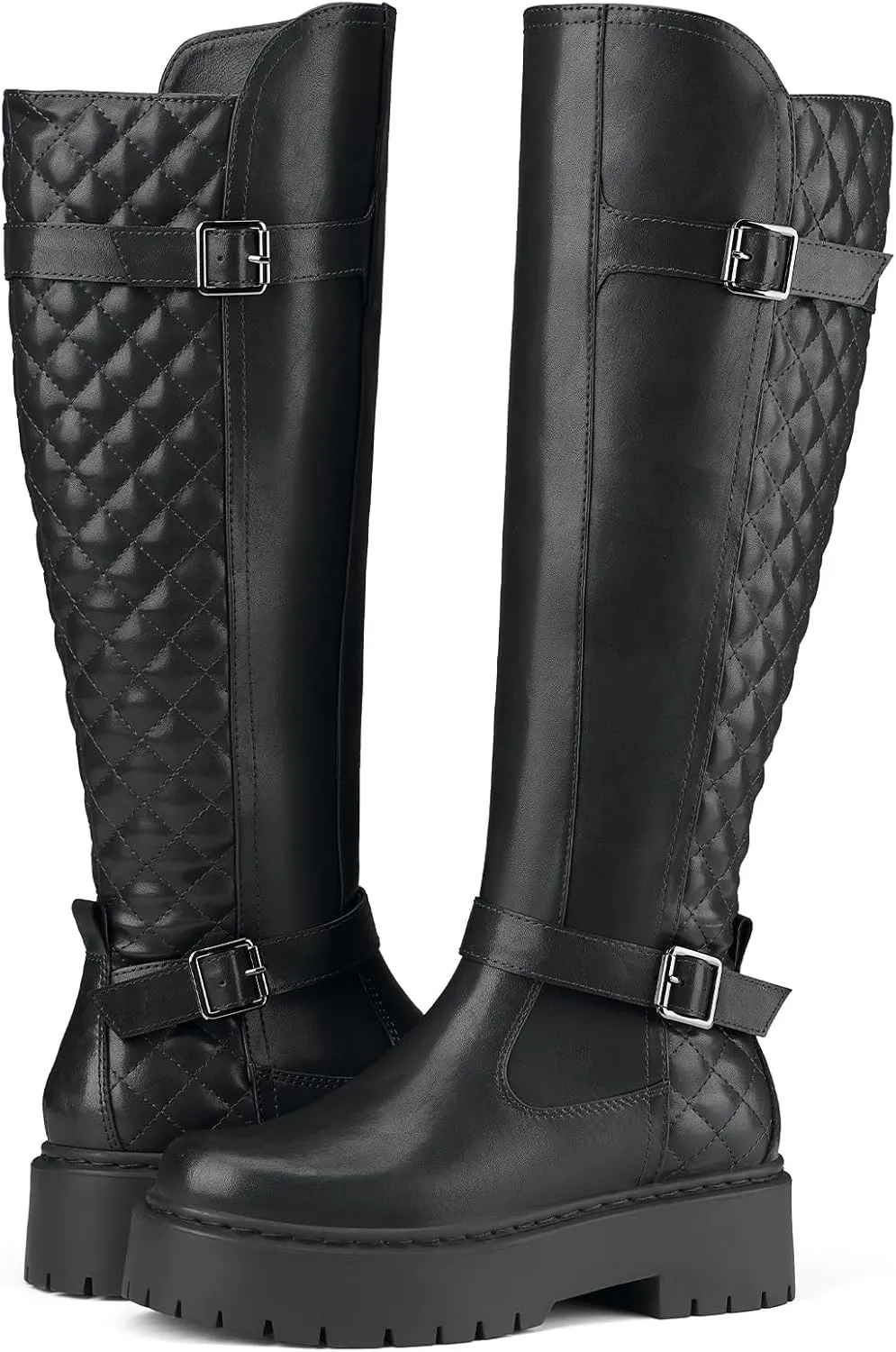 Women's Knee High Riding Boots with Side Zipper - Chunky Platform Motorcycle Boots for Women