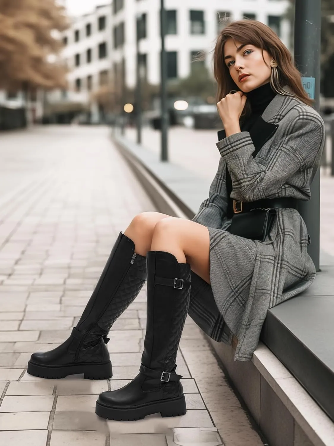 Women's Knee High Riding Boots with Side Zipper - Chunky Platform Motorcycle Boots for Women