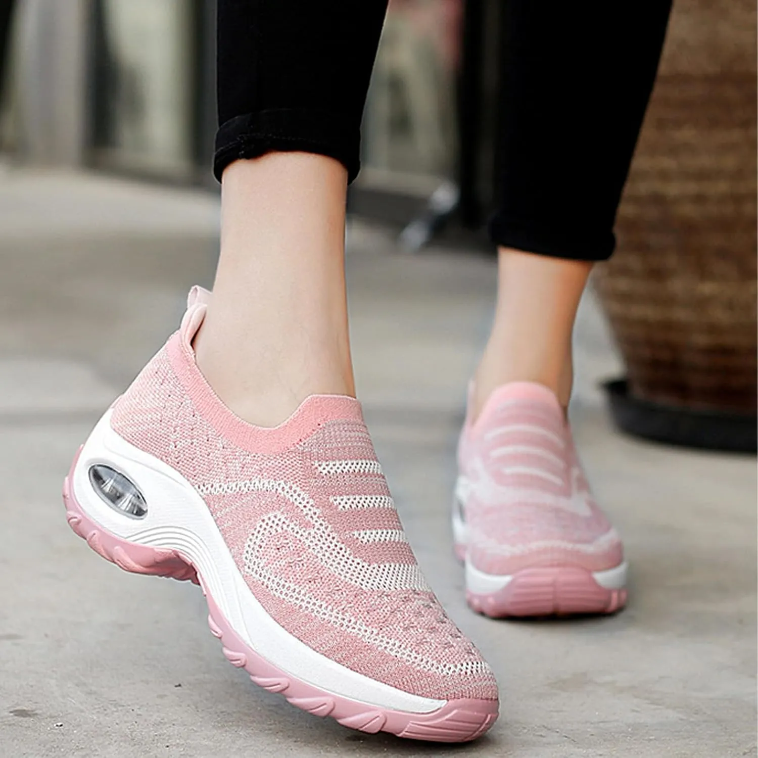 Women's Knit Mesh Orthopedic Platform Sneakers with Air Cushion Arch Support Lightweight Breathable Non Slip Walking Shoes for Workout Jogging Work Loafers