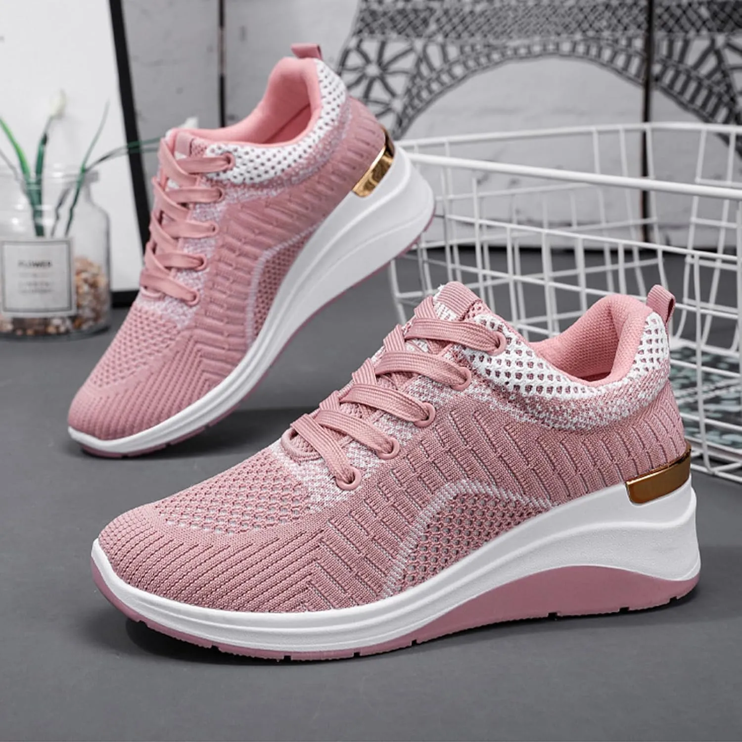 Women's Knitted Mesh Wedge Lace-up Sports Shoes with Arch Support Comfortable Heightened Thick Casual Orthopedic Walking Shoes Outdoor Non-Slip Lightweight Running Tennis Shoes