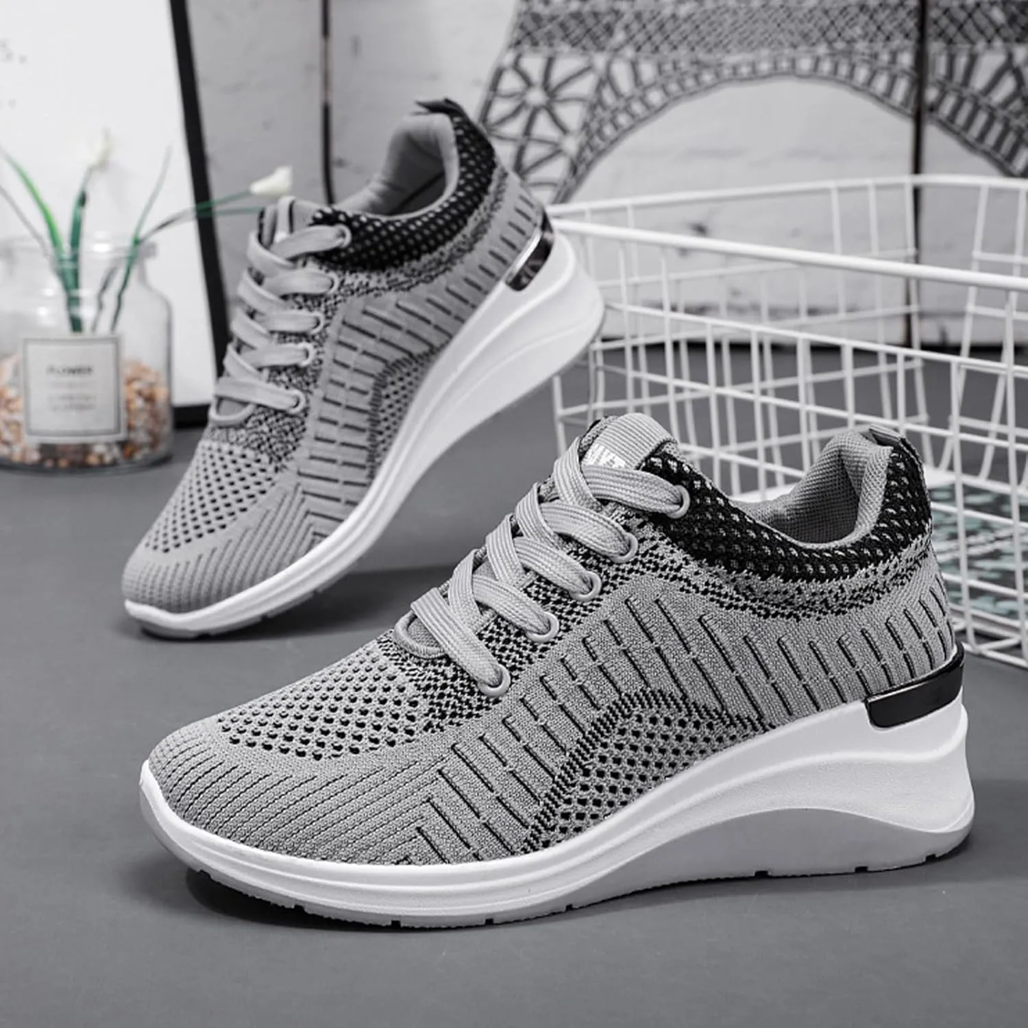 Women's Knitted Mesh Wedge Lace-up Sports Shoes with Arch Support Comfortable Heightened Thick Casual Orthopedic Walking Shoes Outdoor Non-Slip Lightweight Running Tennis Shoes