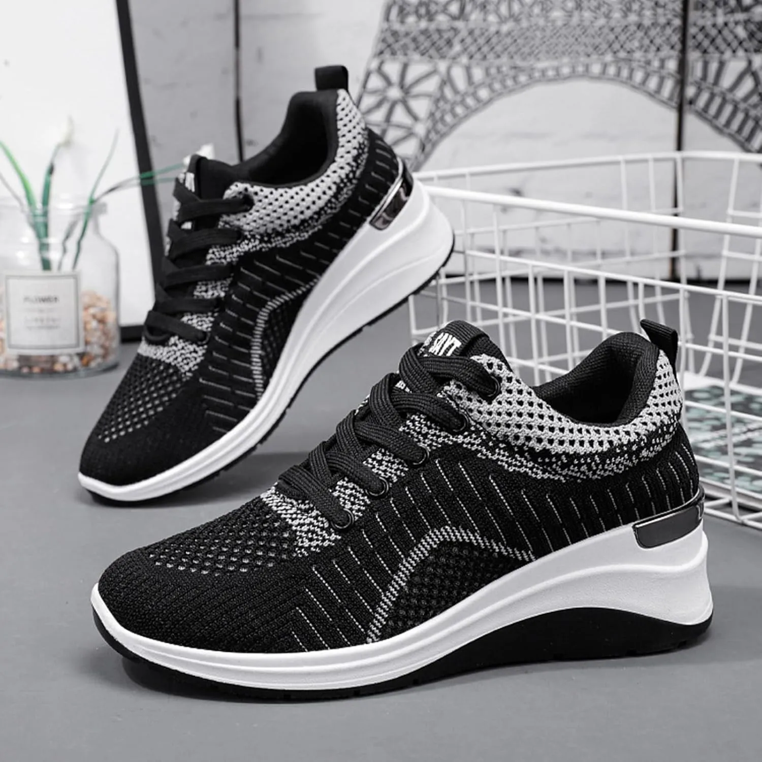 Women's Knitted Mesh Wedge Lace-up Sports Shoes with Arch Support Comfortable Heightened Thick Casual Orthopedic Walking Shoes Outdoor Non-Slip Lightweight Running Tennis Shoes