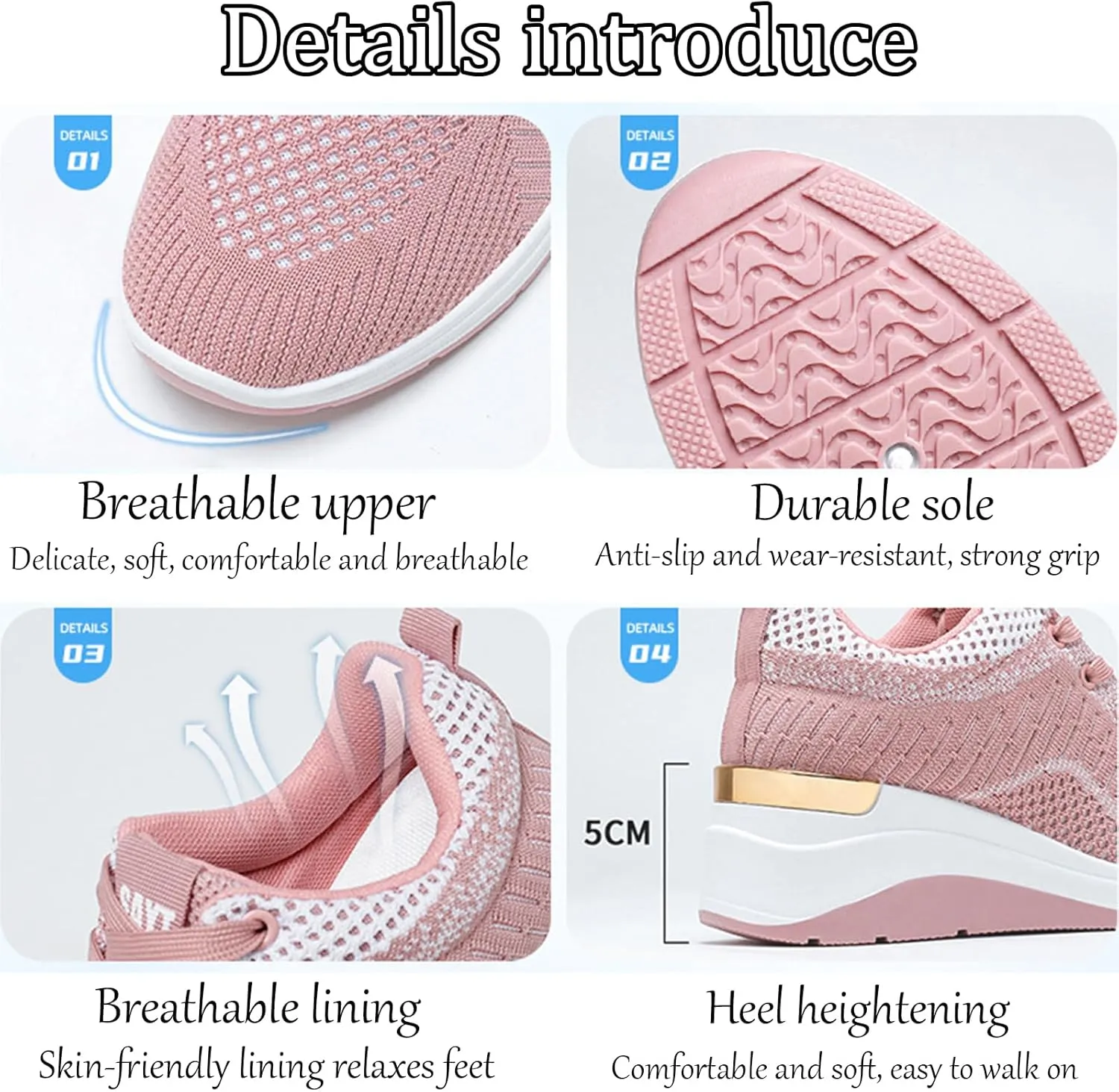 Women's Knitted Mesh Wedge Lace-up Sports Shoes with Arch Support Comfortable Heightened Thick Casual Orthopedic Walking Shoes Outdoor Non-Slip Lightweight Running Tennis Shoes