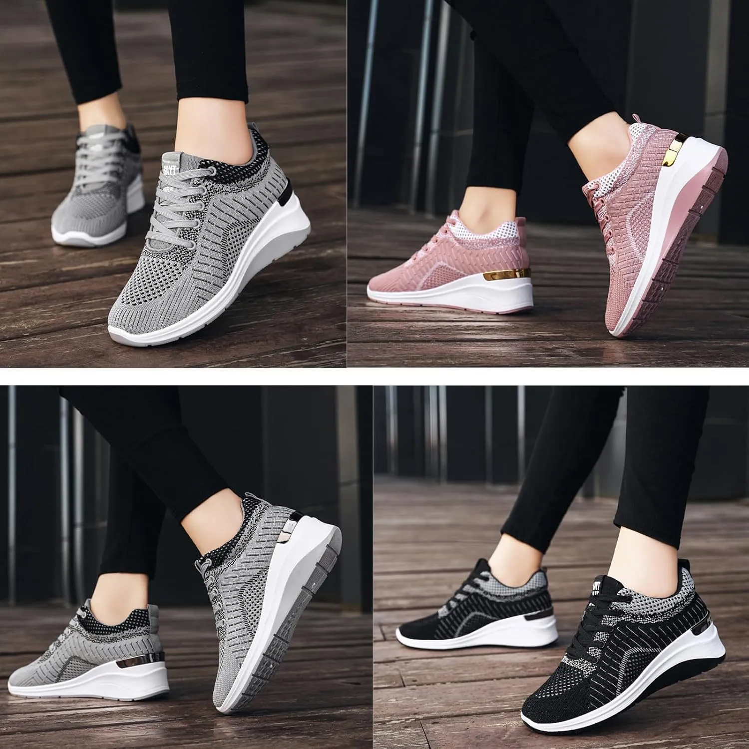 Women's Knitted Mesh Wedge Lace-up Sports Shoes with Arch Support Comfortable Heightened Thick Casual Orthopedic Walking Shoes Outdoor Non-Slip Lightweight Running Tennis Shoes