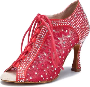 Women's Lace Mesh Latin Dance Shoes - Ballroom Party Performance Red Wedding Sandals, 10CM/3.9Inch Heel Height