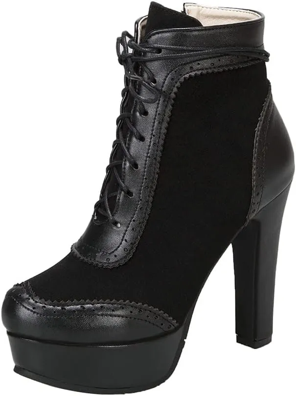 Womens Lace Up High Heel Ankle Boots Platform Booties with Zipper