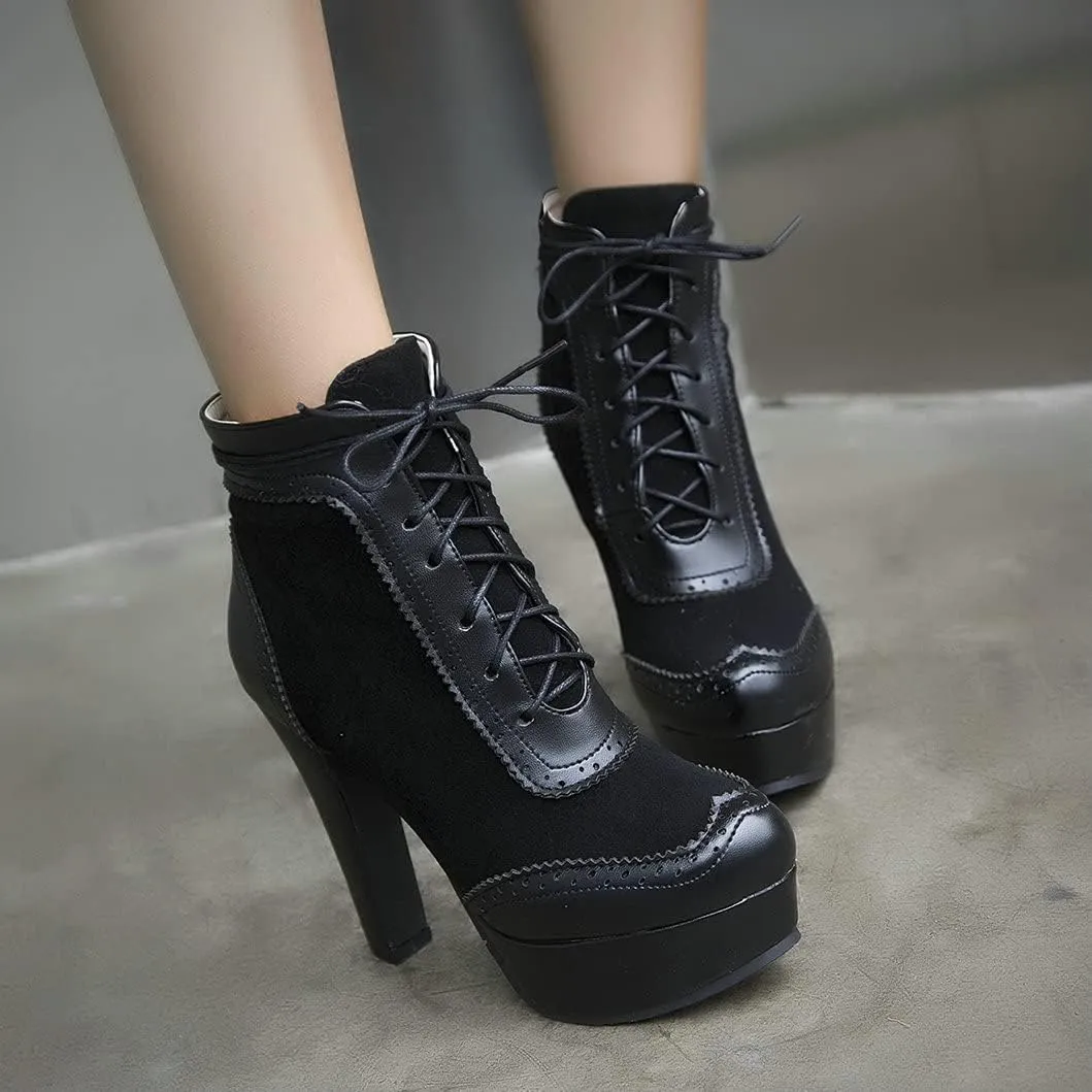 Womens Lace Up High Heel Ankle Boots Platform Booties with Zipper