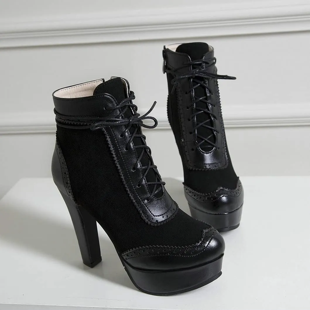 Womens Lace Up High Heel Ankle Boots Platform Booties with Zipper