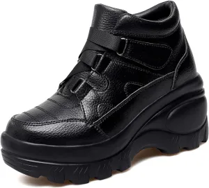Women's Leather Orthopedic Chunky Platform Ankle Boots with Hook Loop Retro Comfortable Round Toe Arch Support Wedge Booties Casual Anti-slip Daily Work Walking Shoes