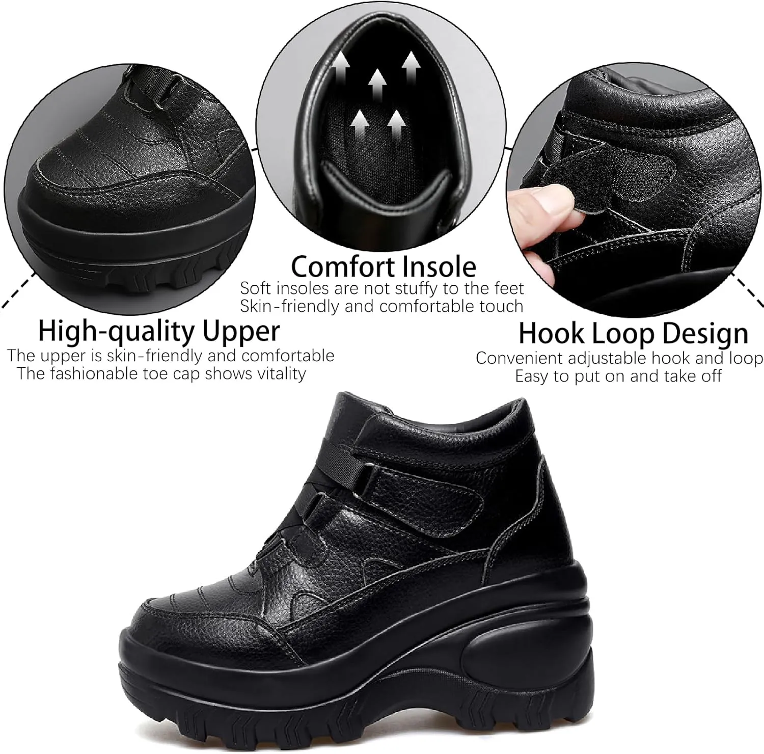 Women's Leather Orthopedic Chunky Platform Ankle Boots with Hook Loop Retro Comfortable Round Toe Arch Support Wedge Booties Casual Anti-slip Daily Work Walking Shoes