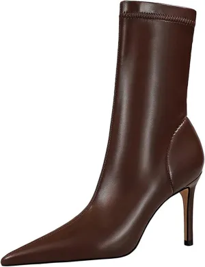 Women'S Leather Pointed Toe Stiletto Ankle Boots Fashion Closed Toe Handmade Slip-On Heeled Booties For Prom Office Dress Boots
