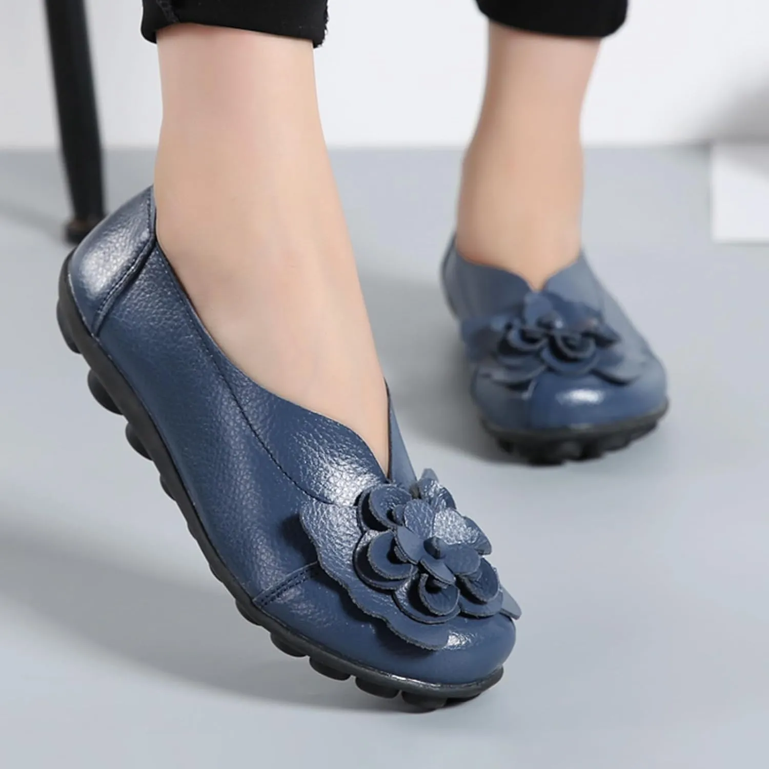 Women's Leather Slip On Loafers,Vintage Handmade Cute Bow Flower Comfy Non-Slip Softsole Walking Casual Dress Pumps