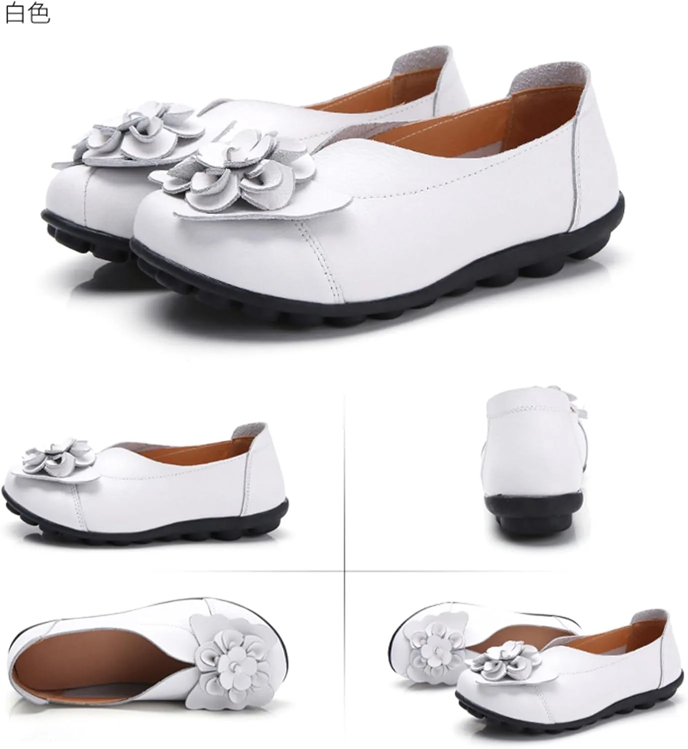 Women's Leather Slip On Loafers,Vintage Handmade Cute Bow Flower Comfy Non-Slip Softsole Walking Casual Dress Pumps