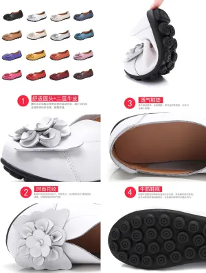 Women's Leather Slip On Loafers,Vintage Handmade Cute Bow Flower Comfy Non-Slip Softsole Walking Casual Dress Pumps