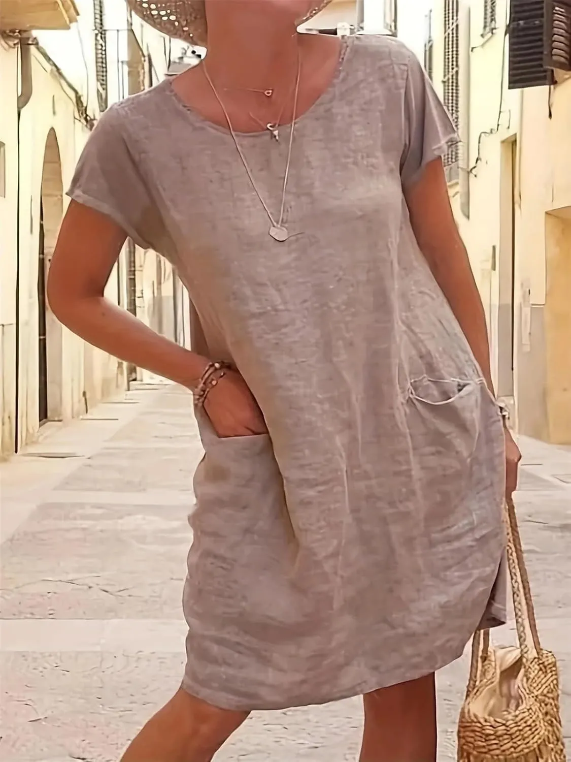 Women's Loose Pure Color Pocket Short Sleeve Round Neck Cotton Linen Dress