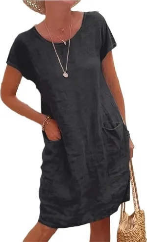 Women's Loose Pure Color Pocket Short Sleeve Round Neck Cotton Linen Dress