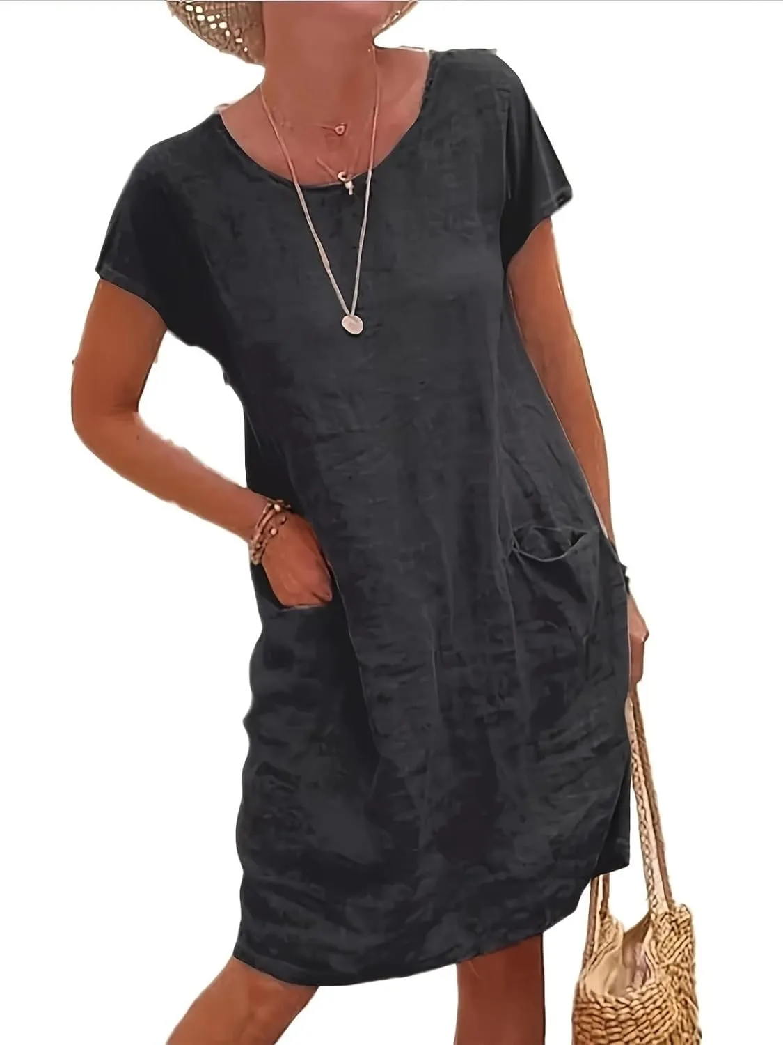 Women's Loose Pure Color Pocket Short Sleeve Round Neck Cotton Linen Dress