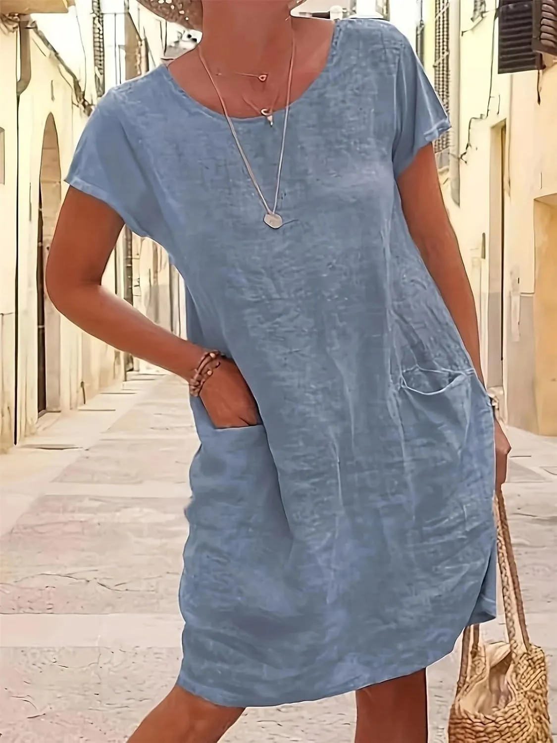 Women's Loose Pure Color Pocket Short Sleeve Round Neck Cotton Linen Dress