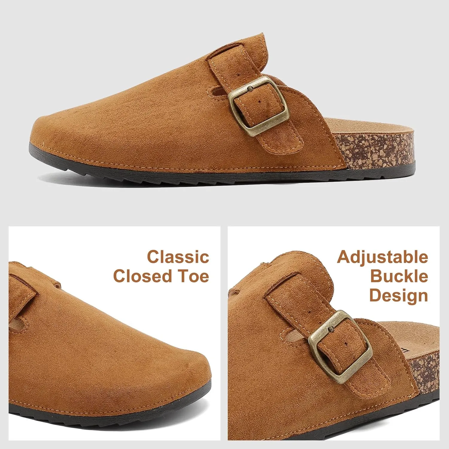 Womens Mens Suede Clogs Leather Mules with Adjustable Buckle Slip On Cork Footbed Sandals Arch Suppor Comfort Potato Shoes