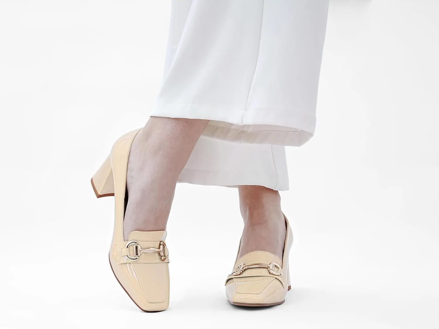 Womens Mid Block Chunky Heeled Loafers Closed Square Toe Patent Leather Comfortable Slip On Pumps Metal Chain Basic Classic Casual Work Office Dress Shoes 2.8 Inches Heels