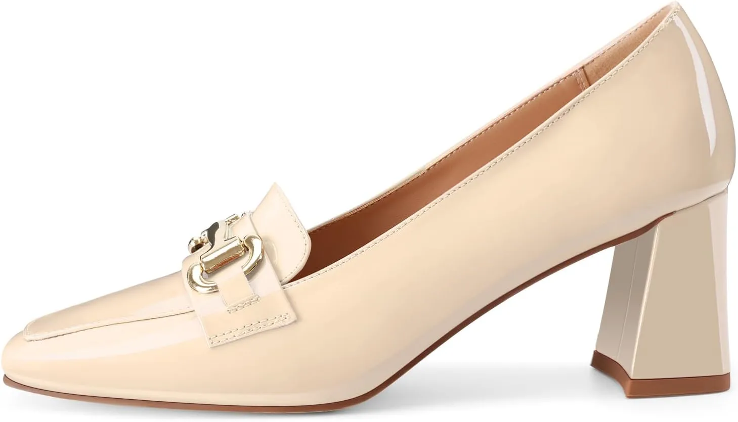 Womens Mid Block Chunky Heeled Loafers Closed Square Toe Patent Leather Comfortable Slip On Pumps Metal Chain Basic Classic Casual Work Office Dress Shoes 2.8 Inches Heels