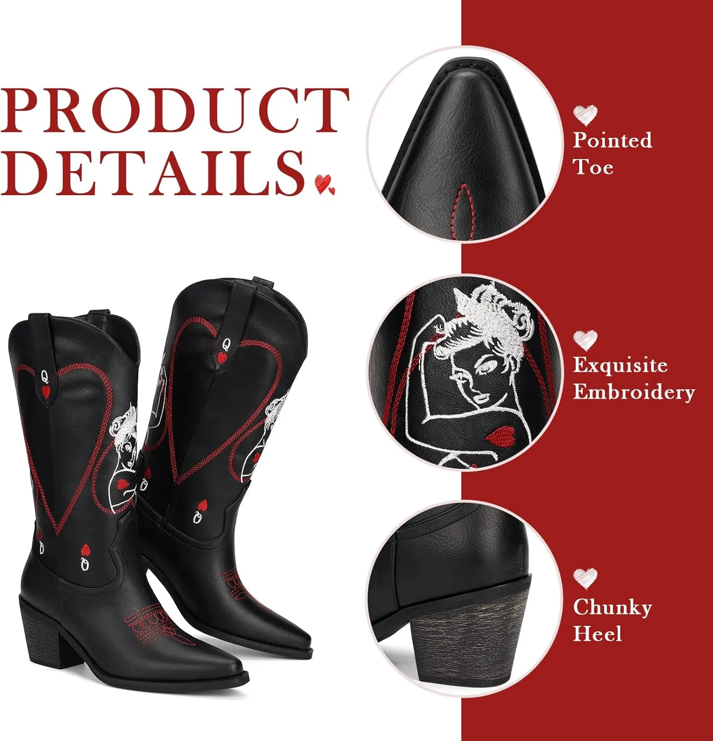 Women's Mid Calf Cowboy Boots - Western Cowgirl Boots with Queen of Hearts Embroidery, Stitched Pointed Toe Pull On Retro Style, Perfect for Parties, Concerts, and More