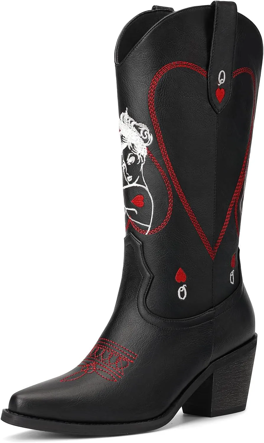 Women's Mid Calf Cowboy Boots - Western Cowgirl Boots with Queen of Hearts Embroidery, Stitched Pointed Toe Pull On Retro Style, Perfect for Parties, Concerts, and More