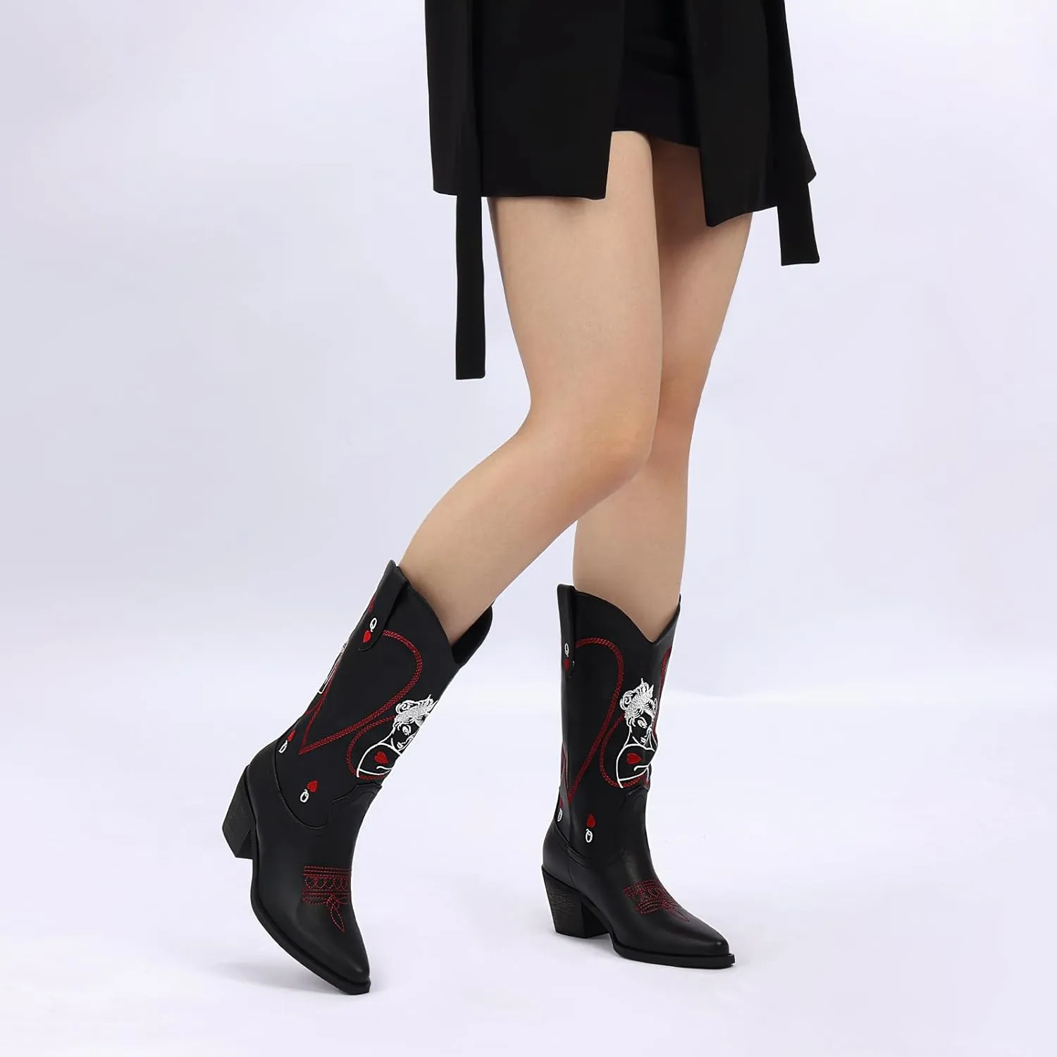 Women's Mid Calf Cowboy Boots - Western Cowgirl Boots with Queen of Hearts Embroidery, Stitched Pointed Toe Pull On Retro Style, Perfect for Parties, Concerts, and More