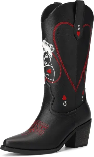 Women's Mid Calf Cowboy Boots - Western Cowgirl Boots with Queen of Hearts Embroidery, Stitched Pointed Toe Pull On Retro Style, Perfect for Parties, Concerts, and More