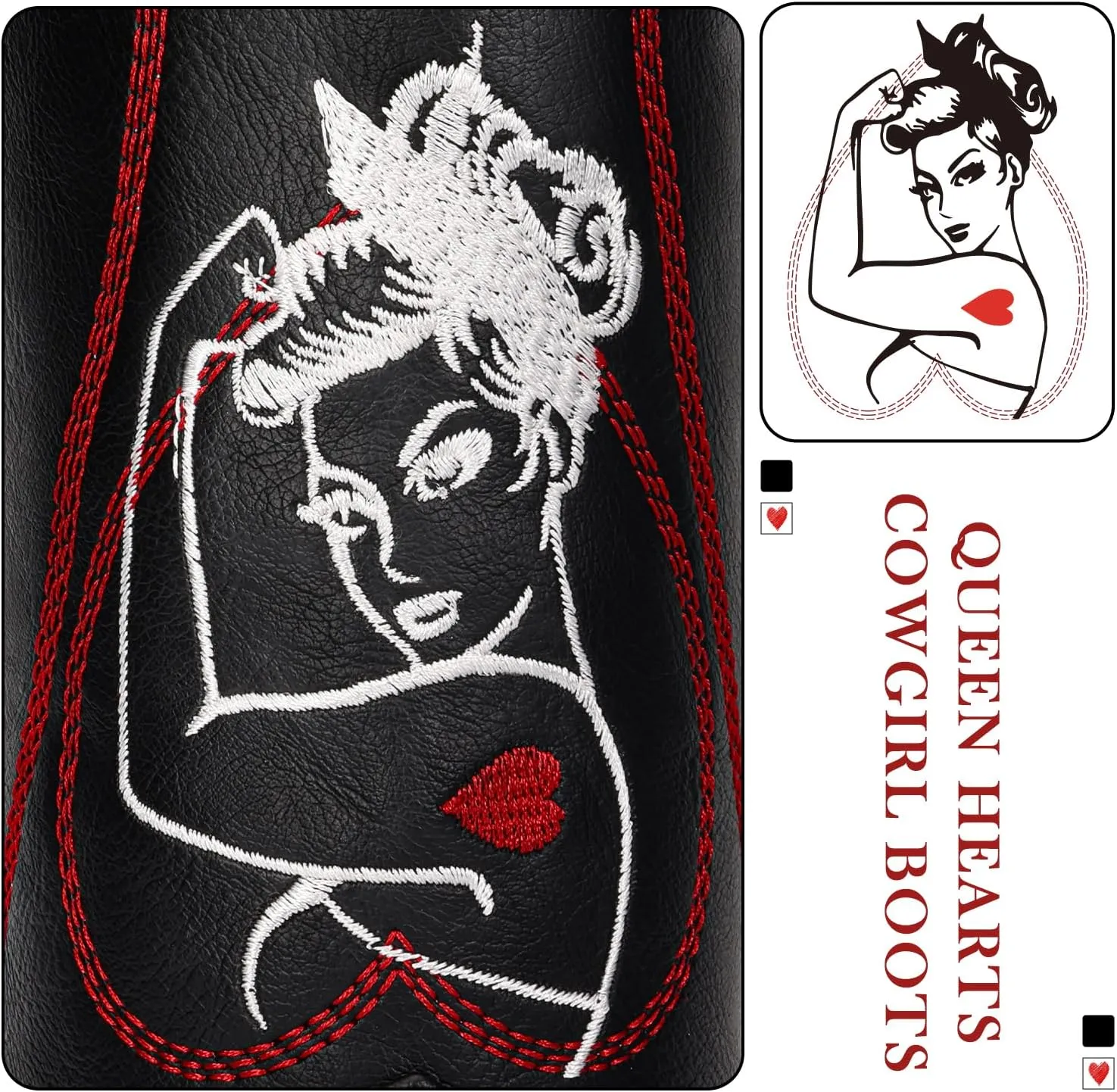 Women's Mid Calf Cowboy Boots - Western Cowgirl Boots with Queen of Hearts Embroidery, Stitched Pointed Toe Pull On Retro Style, Perfect for Parties, Concerts, and More