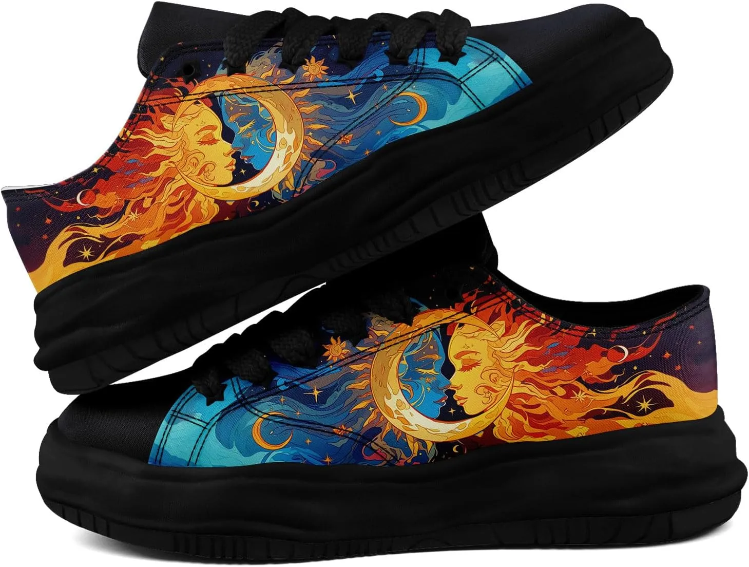 Women's Moon Sun Star Canvas Sneakers Men's Artistic Low-Top Casual Shoes Comfortable Unisex Lightweight Footwear