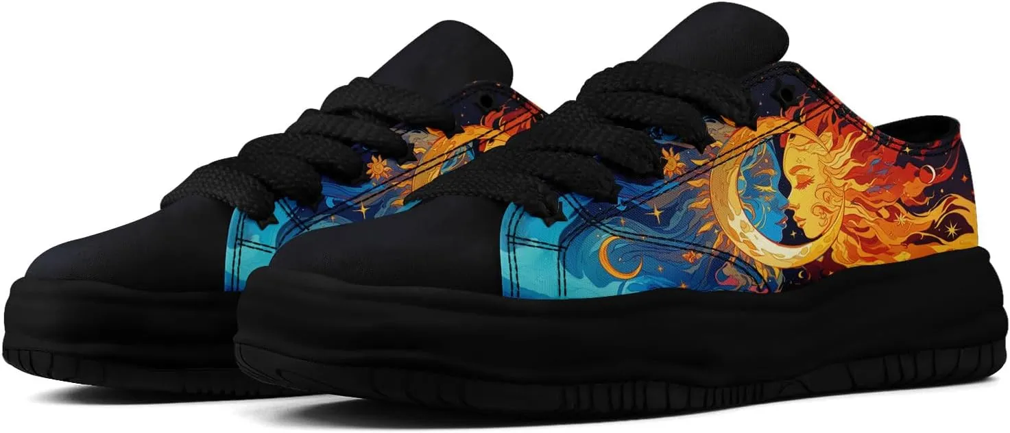 Women's Moon Sun Star Canvas Sneakers Men's Artistic Low-Top Casual Shoes Comfortable Unisex Lightweight Footwear