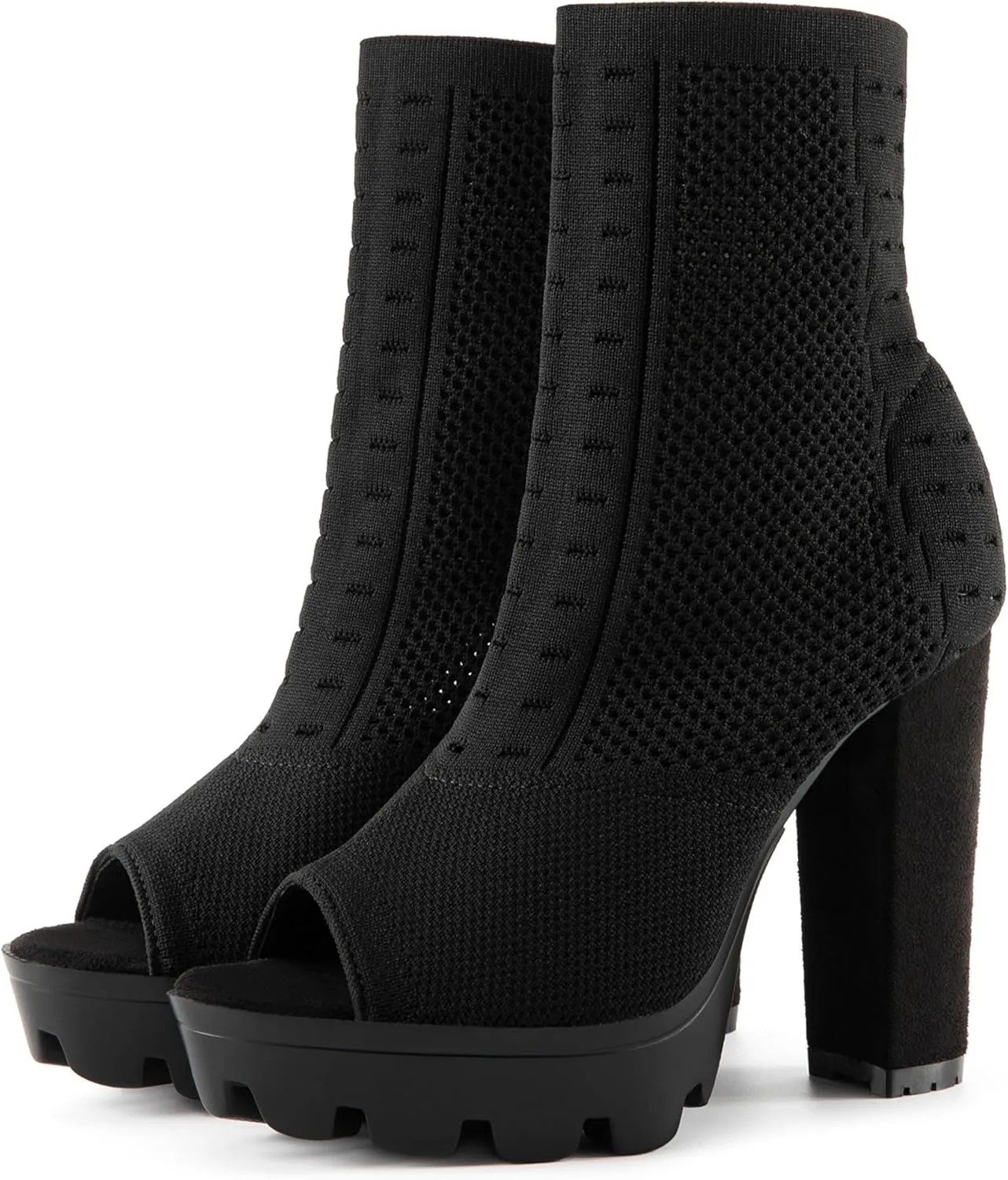Women's Open Toe Ankle Boots, Chunky Block Heel, Nylon Mesh Upper, Slip-On Sock Booties
