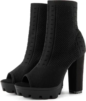 Women's Open Toe Ankle Boots, Chunky Block Heel, Nylon Mesh Upper, Slip-On Sock Booties