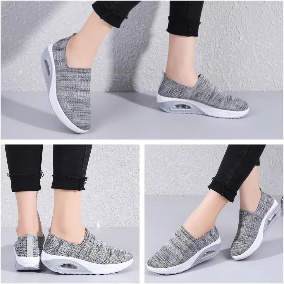 Women’s Orthopedic Slip-On Air Cushion Walking Shoes – Mesh Stretch Wedge Sneakers with Arch Support & Non-Slip Sole, Comfortable Platform for All-Day Walking