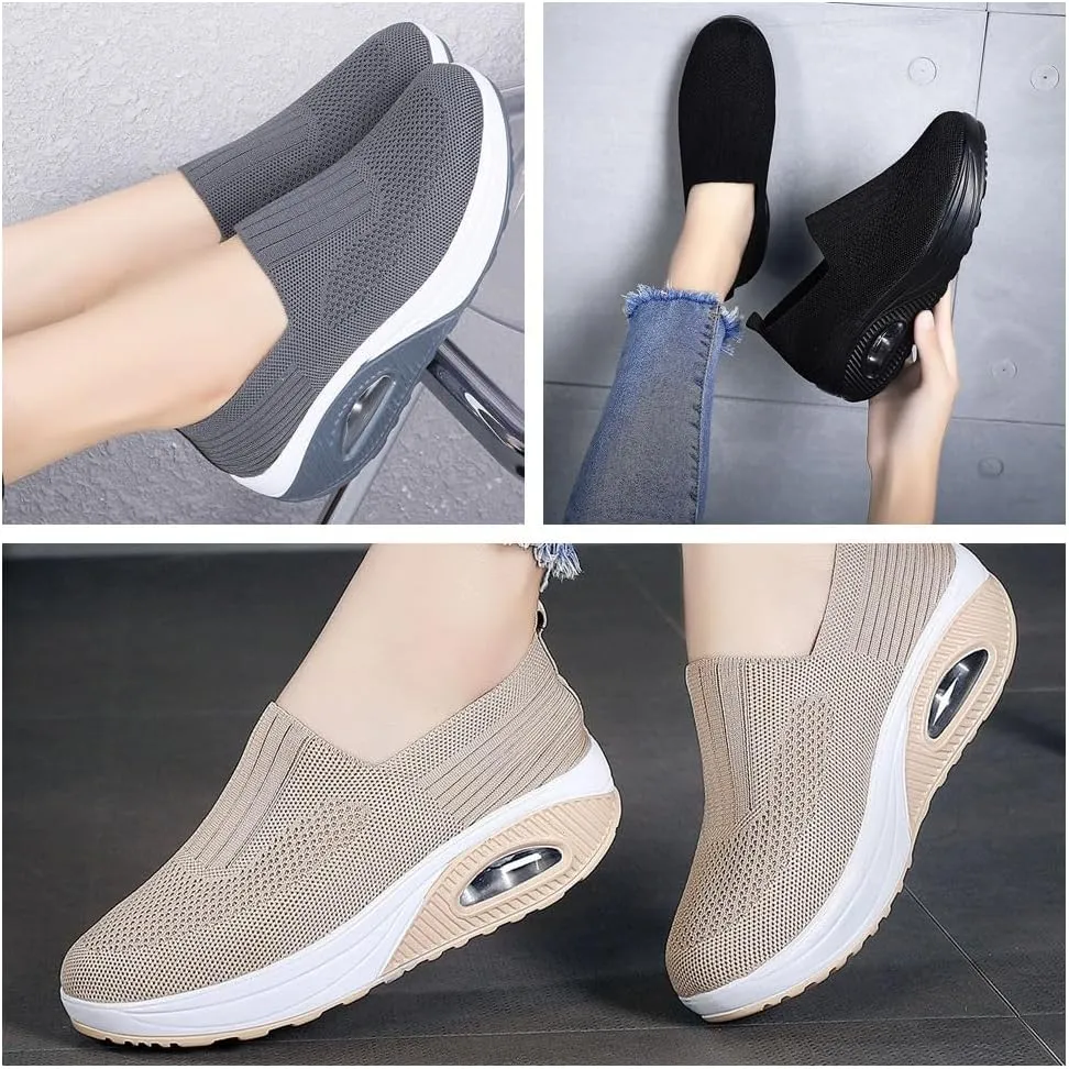 Women’s Orthopedic Slip-On Air Cushion Walking Shoes – Mesh Stretch Wedge Sneakers with Arch Support & Non-Slip Sole, Comfortable Platform for All-Day Walking