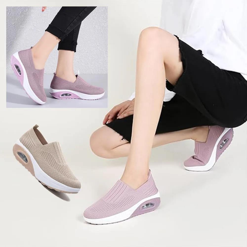 Women’s Orthopedic Slip-On Air Cushion Walking Shoes – Mesh Stretch Wedge Sneakers with Arch Support & Non-Slip Sole, Comfortable Platform for All-Day Walking