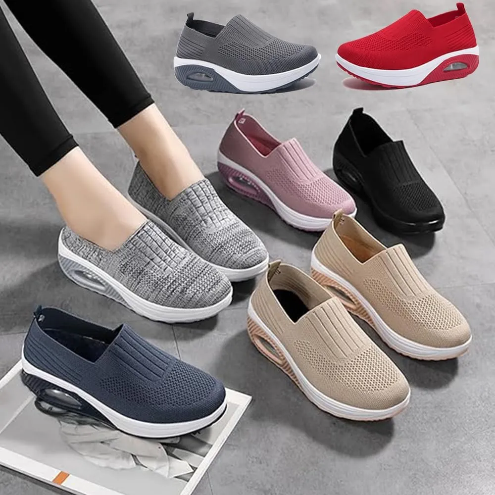 Women’s Orthopedic Slip-On Air Cushion Walking Shoes – Mesh Stretch Wedge Sneakers with Arch Support & Non-Slip Sole, Comfortable Platform for All-Day Walking
