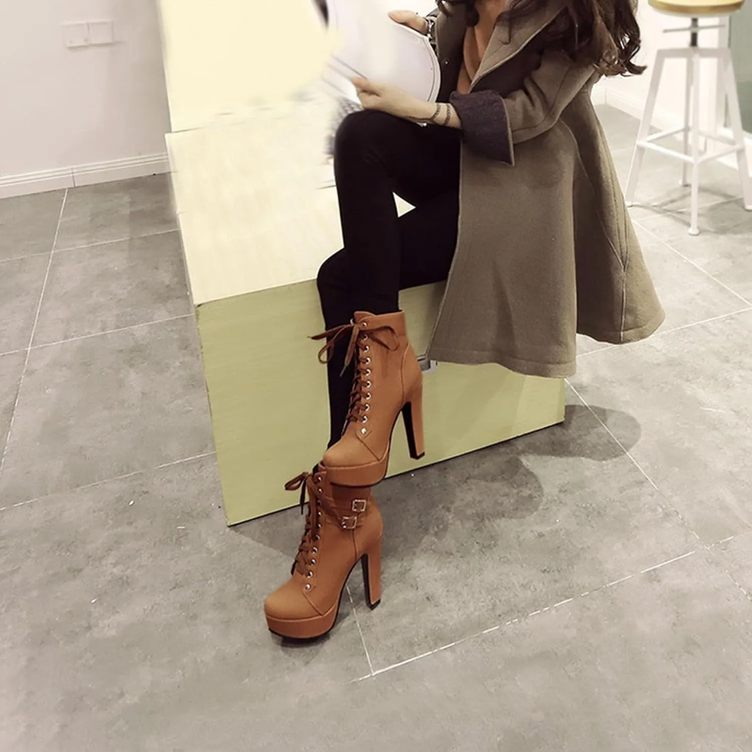 Womens Platform Lace Up Biker Boots Chunky High Heel Booties Buckle