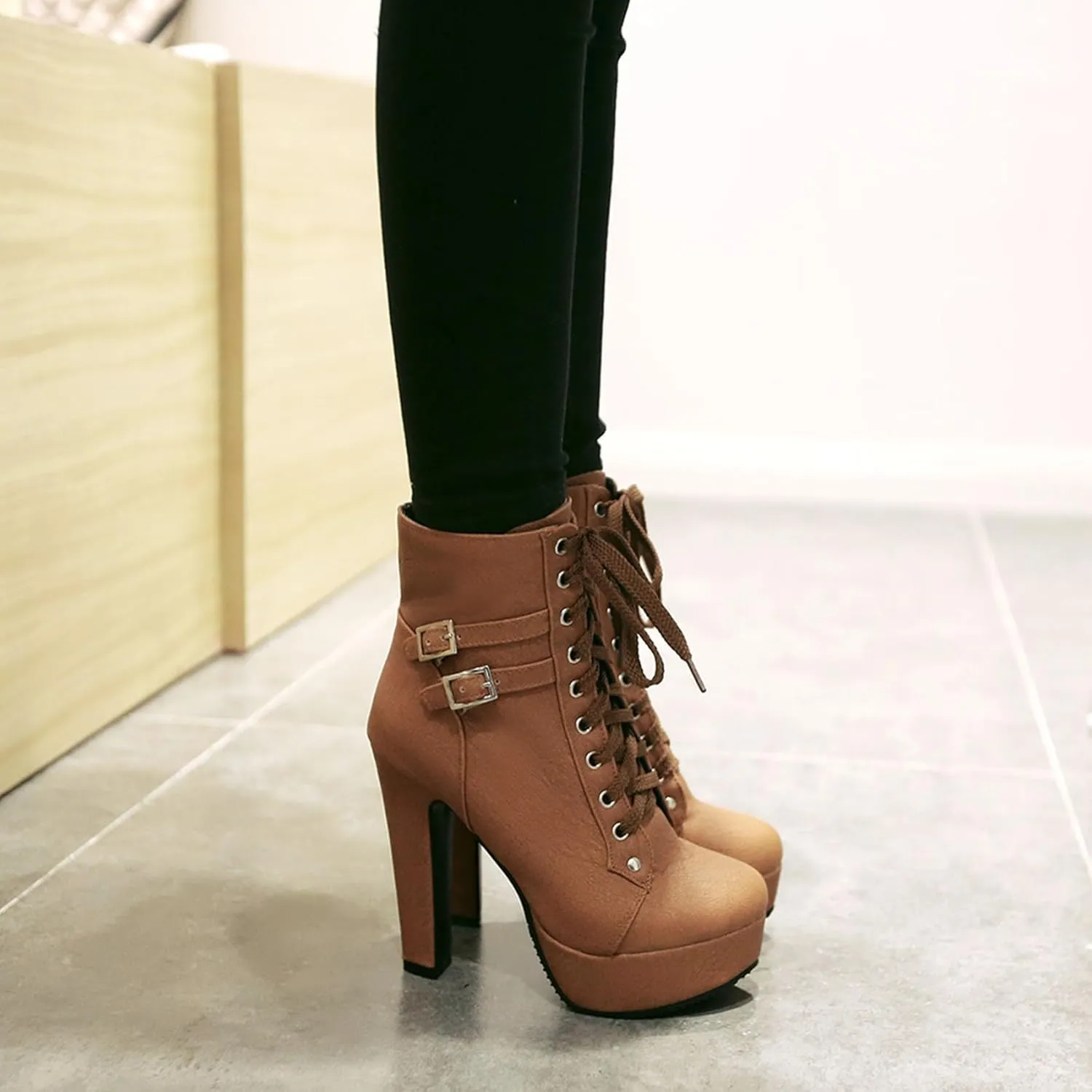Womens Platform Lace Up Biker Boots Chunky High Heel Booties Buckle