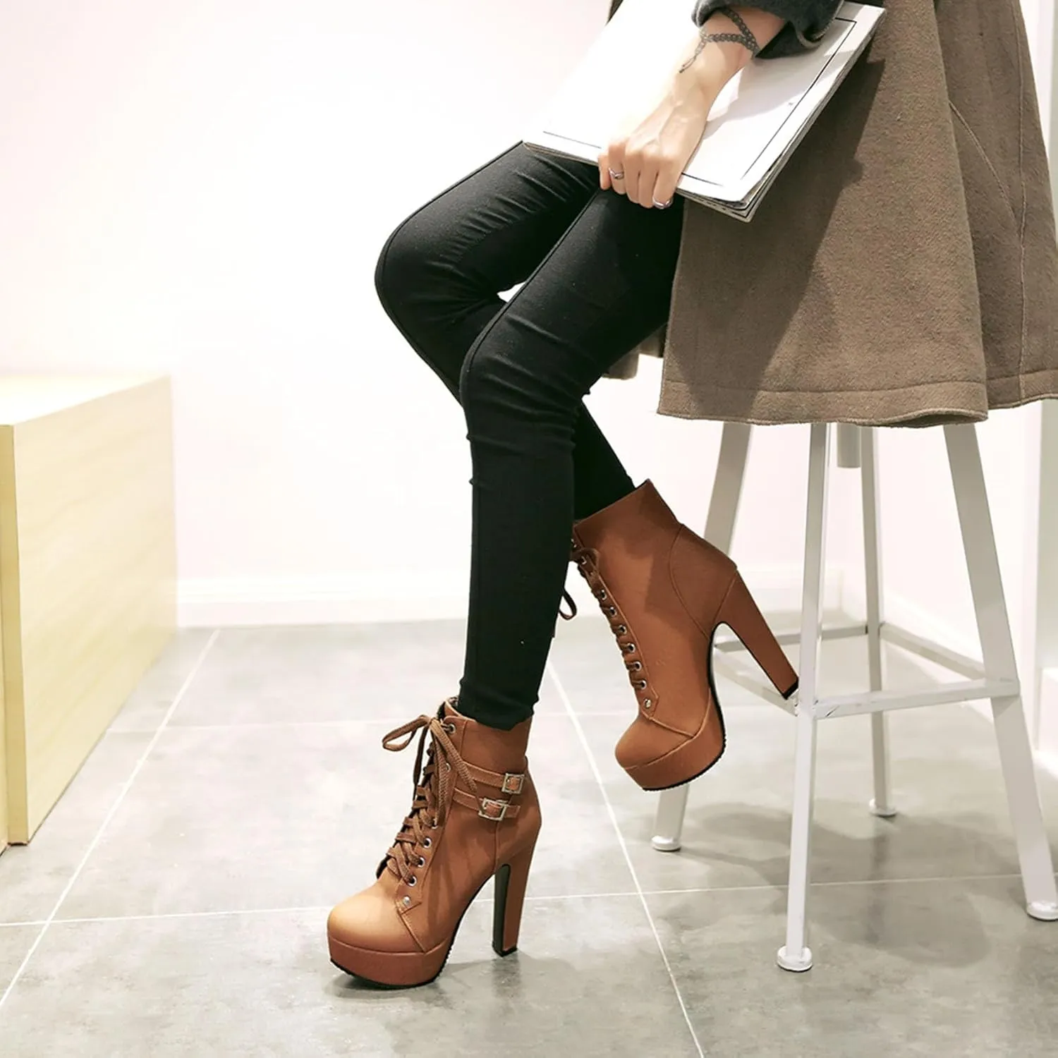 Womens Platform Lace Up Biker Boots Chunky High Heel Booties Buckle