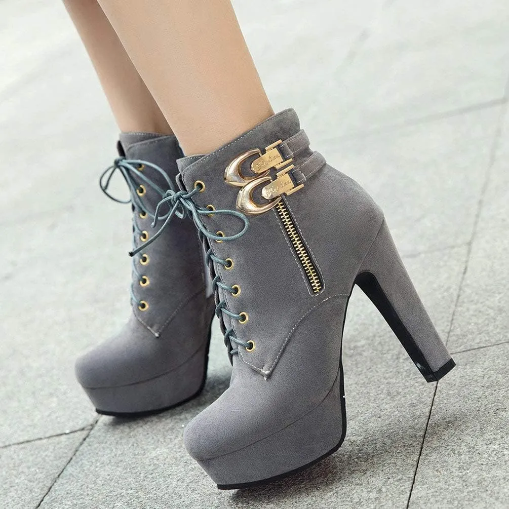 Womens Platform Lace Up Biker Boots Chunky High Heel Booties Buckle