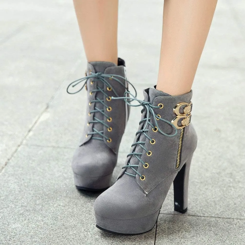 Womens Platform Lace Up Biker Boots Chunky High Heel Booties Buckle