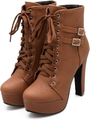 Womens Platform Lace Up Biker Boots Chunky High Heel Booties Buckle